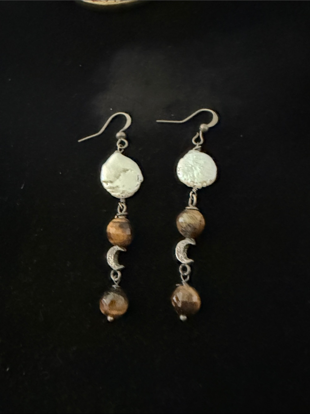 Fresh water white coin pearls tigers  eye beads crescent moons sterling silver